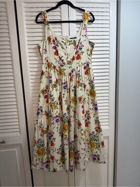 7 For All Mankind Cream Floral Midi Dress with Multicolor Flowers